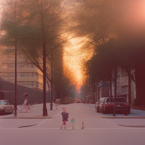 analog style street inside a city , blurred cars moving, children playing on the sidewalk , sunset , soft lighting