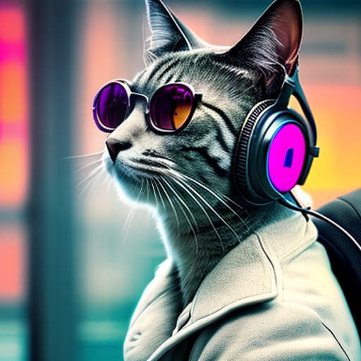 nvinkpunk Realistic image of a cat wearing headphones and reading glasses while riding a bus. hyperrealistic, full body, detailed clothing, highly detailed, cinematic lighting, stunningly beautiful, intricate, sharp focus, f/1. 8, 85mm, (centered image composition), (professionally color graded), ((bright soft diffused light)), volumetric fog, trending on instagram, trending on tumblr, HDR 4K, 8K