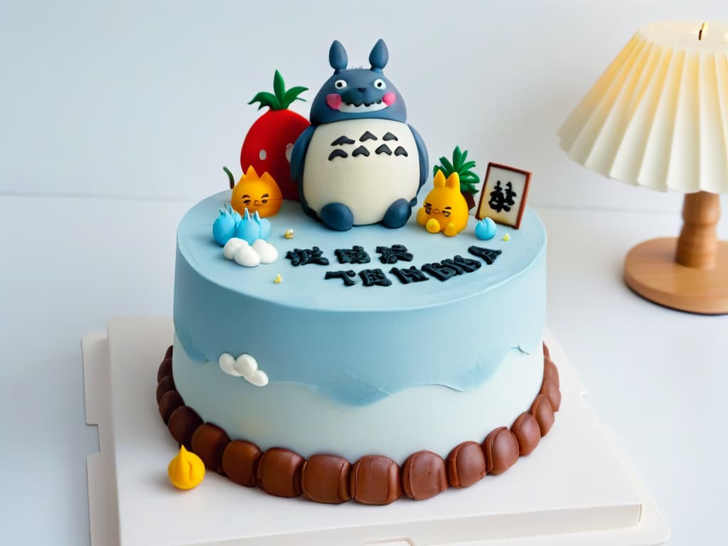  A minimalistic image of a whimsical, pastelcolored cake adorned with intricate fondant designs resembling characters and elements from Studio Ghibli films such as Totoro, Calcifer, and the Catbus. The cake is set against a clean, white background, allowing the detailed decorations to stand out and evoke a sense of magic and wonder inspired by the beloved animated movies. hyperrealistic, full body, detailed clothing, highly detailed, cinematic lighting, stunningly beautiful, intricate, sharp focus, f/1. 8, 85mm, (centered image composition), (professionally color graded), ((bright soft diffused light)), volumetric fog, trending on instagram, trending on tumblr, HDR 4K, 8K