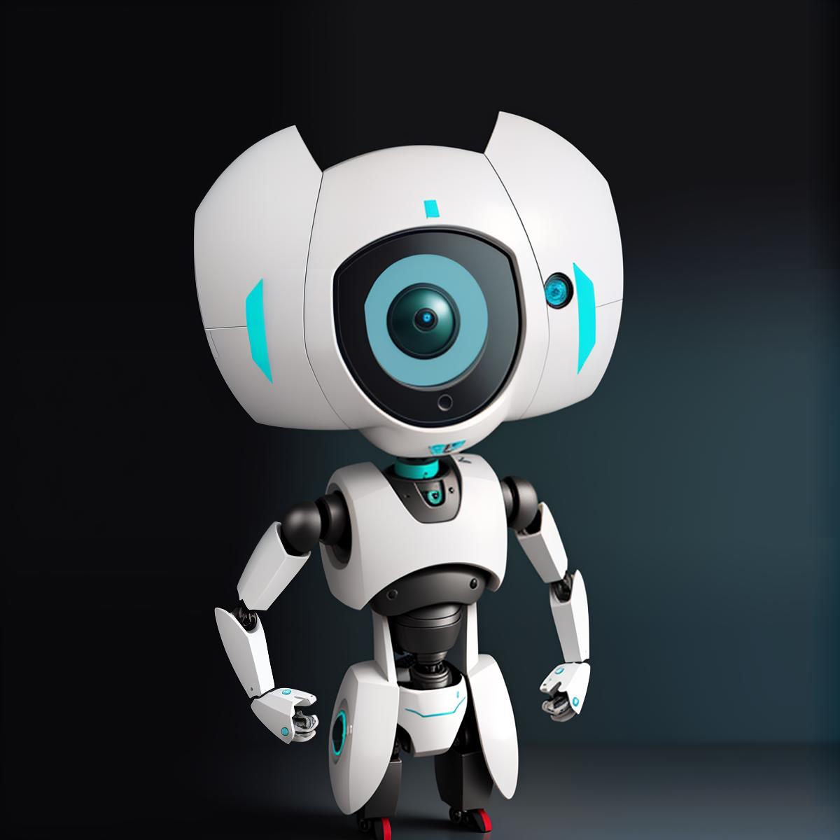  masterpiece, best quality, Create an image of a small robot, I will use it as a java programming company symbol. I want it to be the only one in the picture without background and extraneous objects. I want it to be white color and have blue green color in it.