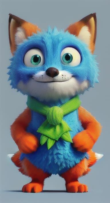  {Error the fox pressing the blue button with his paw, looking puzzled as nothing occurs., Error is a small, bright orange fox with a fluffy tail and big, inquisitive eyes. He has a mischievous yet kind expression and wears a tiny green scarf.