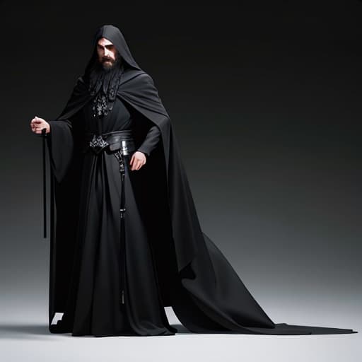  dark evil wizard in black robes unhooded with long black hair, and a lack beard carrying a staff hyperrealistic, full body, detailed clothing, highly detailed, cinematic lighting, stunningly beautiful, intricate, sharp focus, f/1. 8, 85mm, (centered image composition), (professionally color graded), ((bright soft diffused light)), volumetric fog, trending on instagram, trending on tumblr, HDR 4K, 8K