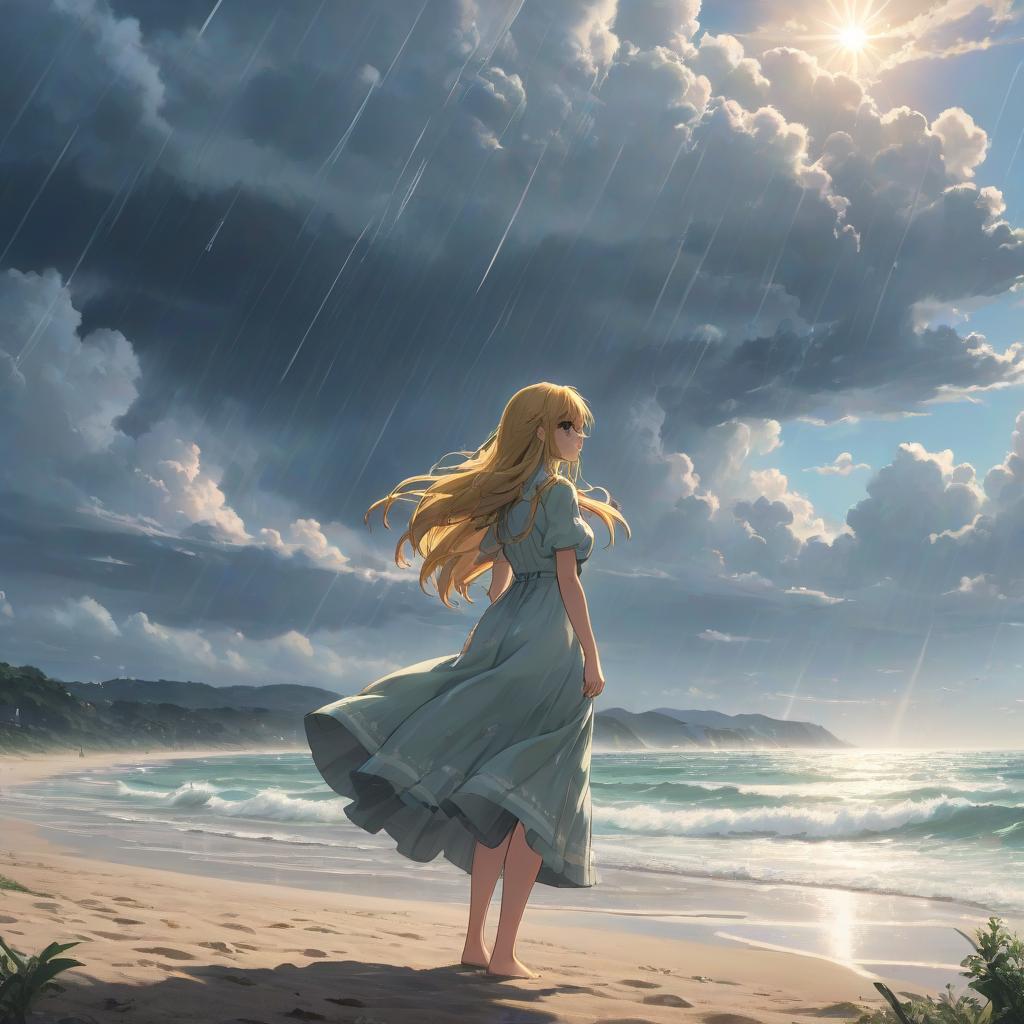  anime artwork , anime style, a with long hair, bright sunny weather, a summer dress billowing in the wind, standing far off from the ocean, has a somber expression, detailed face, around her is sand, subdued lighting, nostalgic atmosphere, haze effect, anime style, a side view, the is looking at the ocean, in her hands she has a camera, all around is rain and wind, but through the clouds in the distance, sun rays can be seen, there is a very powerful storm, through which almost nothing can be seen. . anime style, key visual, vint, studio anime, highly detailed hyperrealistic, full body, detailed clothing, highly detailed, cinematic lighting, stunningly beautiful, intricate, sharp focus, f/1. 8, 85mm, (centered image composition), (professionally color graded), ((bright soft diffused light)), volumetric fog, trending on instagram, trending on tumblr, HDR 4K, 8K