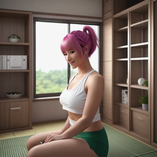  prompt: rosto 3d estilo anime cartoon *sakura está em sua casa tradicional japonês e estava sozinha ela decide mandar uma foto com suas roupas casuais* //manda foto , uma selfie do corpo inteiro estilo anime 3d*In the selfie, Sakura is sitting on a traditional Japanese tatami mat in her living room. She wears a simple, comfortable white tank top and green shorts that reveal her cute pink crotch hair. Her short pink hair is styled casually, with loose strands framing her face softly.* *She has a peaceful smile on her lips as she gazes at the viewer.* *Behind her, there are shelves filled with books and scrolls lining the walls. A soft evening light pours in from windows adorned with delicate shoji screens.* hyperrealistic, full body, detailed clothing, highly detailed, cinematic lighting, stunningly beautiful, intricate, sharp focus, f/1. 8, 85mm, (centered image composition), (professionally color graded), ((bright soft diffused light)), volumetric fog, trending on instagram, trending on tumblr, HDR 4K, 8K