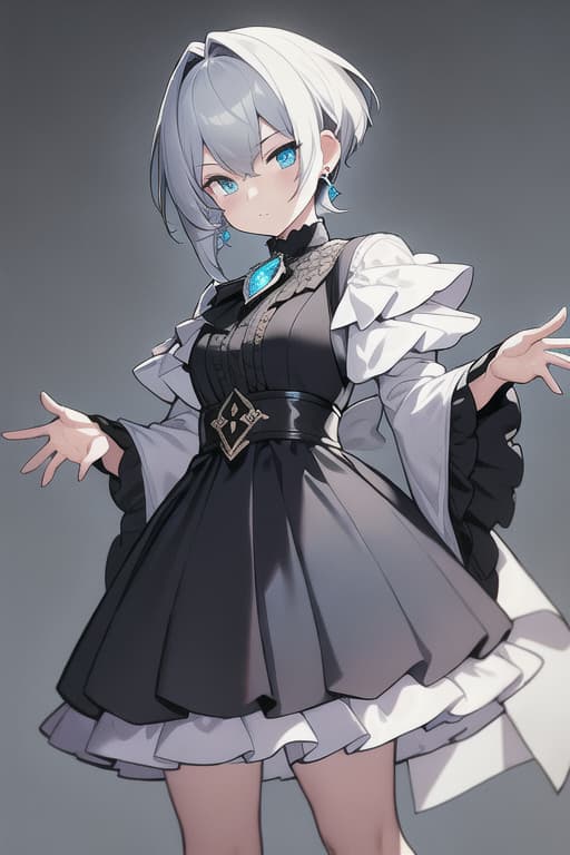 (high chroma:1.5),(high chroma eyes:1.5),solo,male,shota,looking at viewer,short hair,bangs,blue eyes,shirt,long sleeves,1boy,hair between eyes,jewelry,closed mouth,upper body,grey hair,male focus,earrings,frills,hand up,grey background,black shirt,brooch,gem,blue gemstone, hyperrealistic, full body, detailed clothing, highly detailed, cinematic lighting, stunningly beautiful, intricate, sharp focus, f/1. 8, 85mm, (centered image composition), (professionally color graded), ((bright soft diffused light)), volumetric fog, trending on instagram, trending on tumblr, HDR 4K, 8K