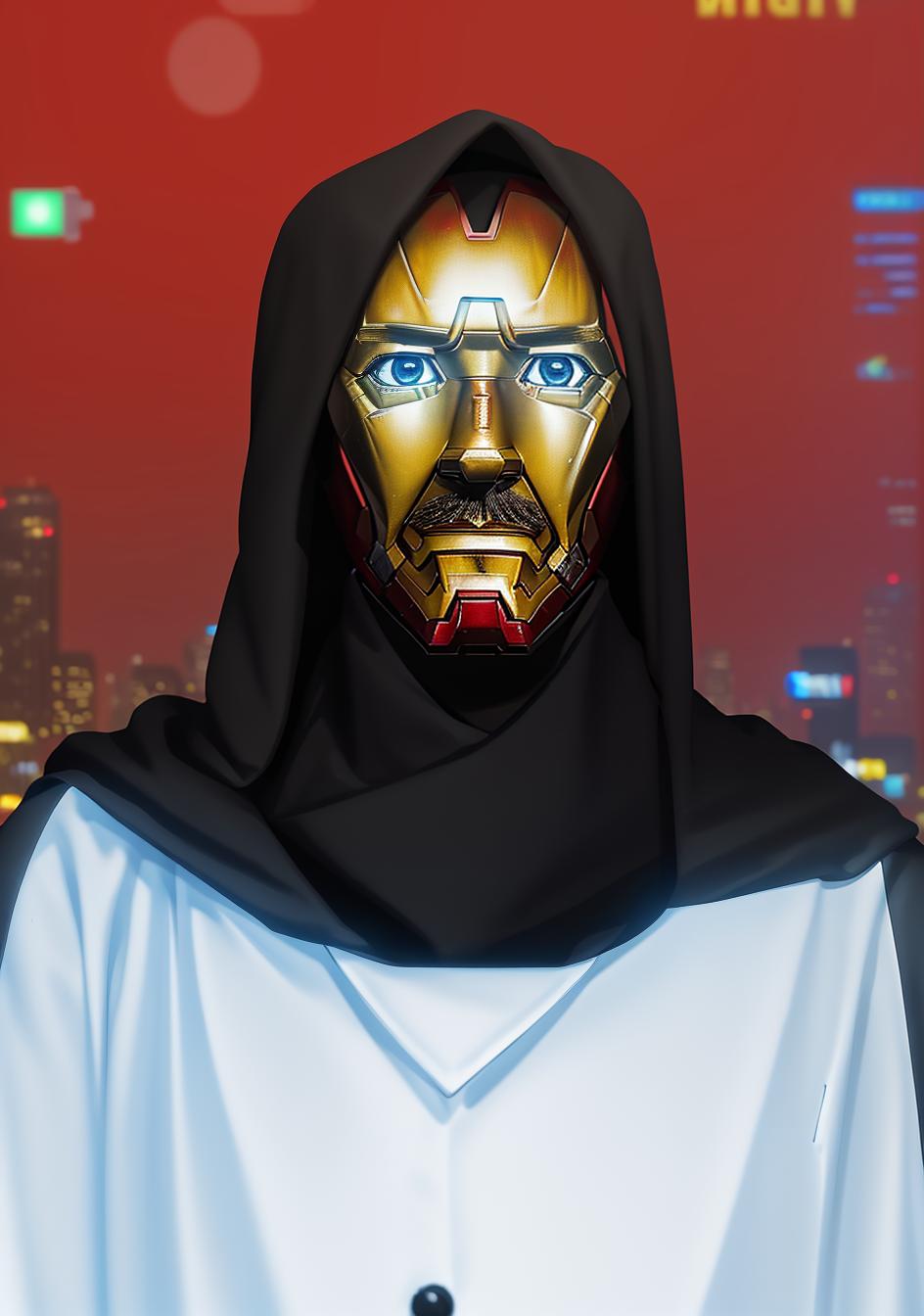  masterpiece, best quality, Best quality, masterpiece, 8k resolution, realistic, highly detailed, close up of Iron Man. In a cyberpunk style night scene of the city, he stands on a street lined with tall buildings. The city's night lights are bright, The surrounding buildings and streets are filled with cyberpunk elements such as neon lights, high tech devices, and futuristic architectural designs.