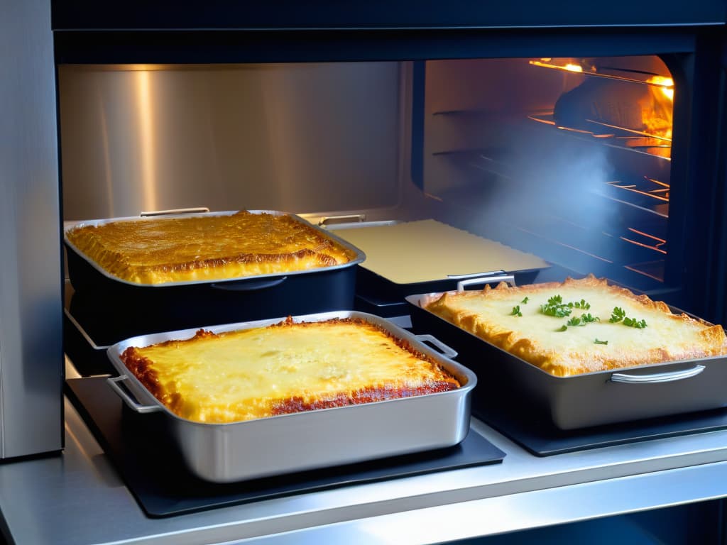  A photorealistic image showcasing two identical lasagnas being baked side by side in contrasting aluminum and stainless steel oven trays. The trays glisten under the oven light, emphasizing the differences between the materials. The golden, bubbling cheese on top of the lasagnas contrasts beautifully with the sleek, reflective surfaces of the trays, highlighting the quality and performance of each material. The overall composition exudes a sense of professional kitchen elegance and inspires the audience to explore the nuances of using aluminum versus stainless steel trays for baking. hyperrealistic, full body, detailed clothing, highly detailed, cinematic lighting, stunningly beautiful, intricate, sharp focus, f/1. 8, 85mm, (centered image composition), (professionally color graded), ((bright soft diffused light)), volumetric fog, trending on instagram, trending on tumblr, HDR 4K, 8K