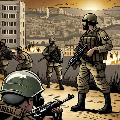  An illustration depicting brave Israeli soldiers, determined and protective, rescuing innocent children and stopping the brutality of Hamas forces. The soldiers are portrayed as heroic figures, adorned with Israeli military attire and equipment. The background context shows a devastated cityscape, symbolizing the chaotic and dangerous environment created by Hamas. The illustration should take place during the twilight hours, with a warm, golden lighting that evokes hope and resilience. The style of the illustration should be bold and impactful, with a strong emphasis on the soldiers' expressions and actions. The composition should focus on the soldiers in action, ensuring that the audience feels their determination and the urgency of the si hyperrealistic, full body, detailed clothing, highly detailed, cinematic lighting, stunningly beautiful, intricate, sharp focus, f/1. 8, 85mm, (centered image composition), (professionally color graded), ((bright soft diffused light)), volumetric fog, trending on instagram, trending on tumblr, HDR 4K, 8K