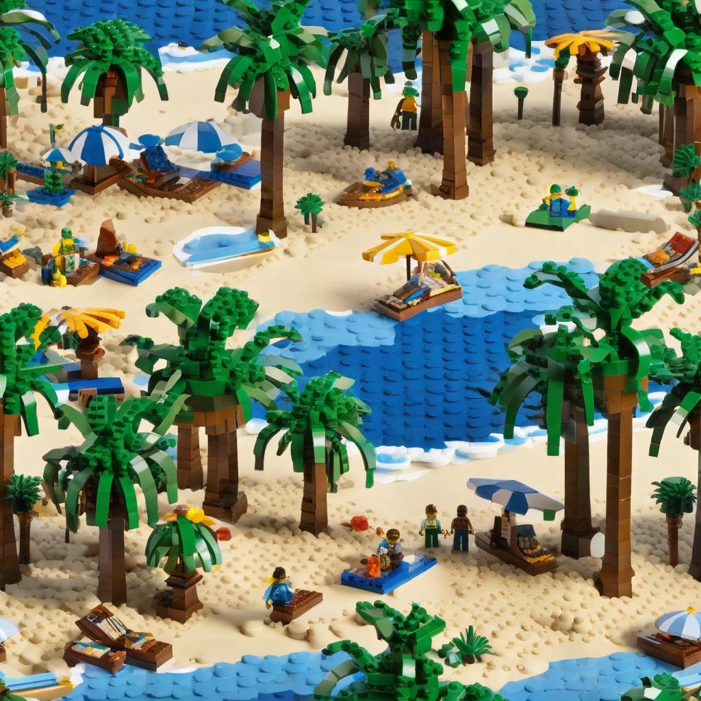  masterpiece, best quality, A captivating 3D and 2D Lego rendition of Playa de Jamaica, a stunning beach destination. The intricate design features the iconic palm trees, sun loungers, and a crystal-clear blue sea with waves. A vibrant sun illuminates the sky, and the sandy beach is dotted with Lego tourists enjoying their time. The Lego pieces are in various shades of brown, green, blue, and white, creating a visually appealing and detailed landscape.