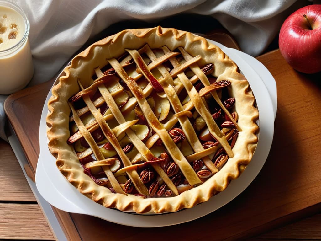  A closeup, ultradetailed image of a delicate and intricate lattice crust on a freshly baked sugarfree apple pie, showcasing the goldenbrown, perfectly woven lattice pattern with tiny flecks of cinnamon dusting on top. The pie is elegantly placed on a rustic wooden table, with a soft glow from the sunlight filtering through a nearby window, highlighting the flaky layers of the crust and the glistening apple filling peeking through the lattice. hyperrealistic, full body, detailed clothing, highly detailed, cinematic lighting, stunningly beautiful, intricate, sharp focus, f/1. 8, 85mm, (centered image composition), (professionally color graded), ((bright soft diffused light)), volumetric fog, trending on instagram, trending on tumblr, HDR 4K, 8K