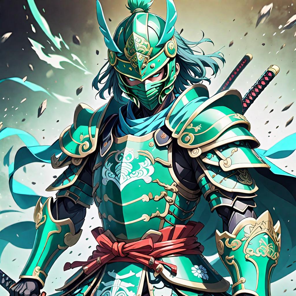  anime style artwork, (masterpiece:1.1), (highest quality:1.1), Aqua green samurai in armor and mask dynamic pose, anime style, key visual, vibrant, studio anime, highly detailed