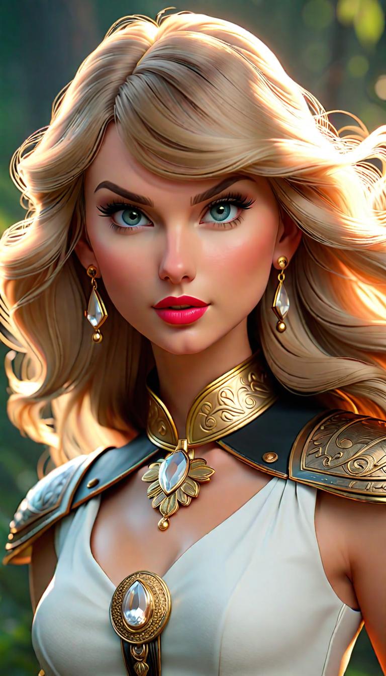  Professional 3D model of Taylor Swift as a white Gallowglass warrior with a white gem on her belt . Rendered with Octane, the model is highly detailed,dramatic lighting. hyperrealistic, full body, detailed clothing, highly detailed, cinematic lighting, stunningly beautiful, intricate, sharp focus, f/1. 8, 85mm, (centered image composition), (professionally color graded), ((bright soft diffused light)), volumetric fog, trending on instagram, trending on tumblr, HDR 4K, 8K