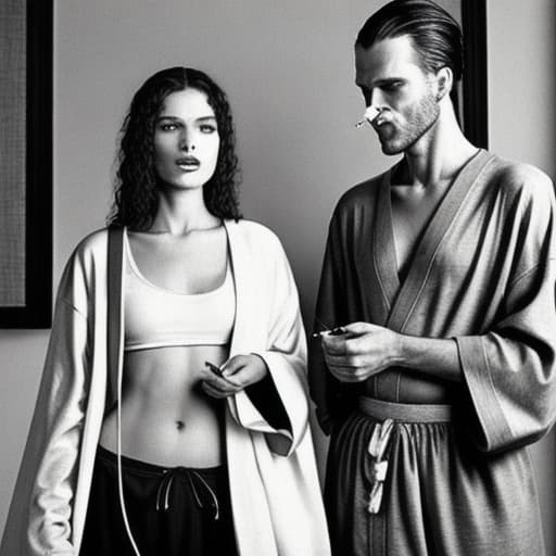  man smoking against woman, woman wearing:a robe without anything else,man wiring: t-shirt and pant