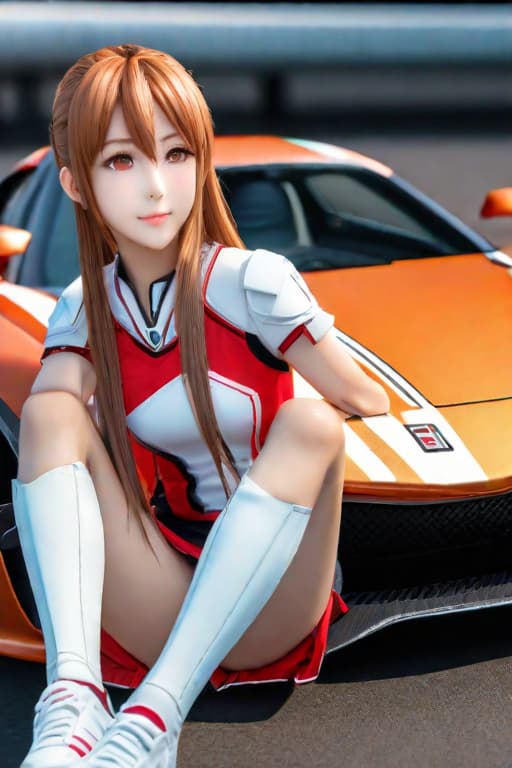  asuna anime character, sword art online, sitting on a sport car, (8k, highres, detailed skin texture, detailed beautiful face, detailed car), extremely detailed, hyperrealism, ultra realism, high quality image, hd quality, best quality, masterpiece, (perfect face, perfect finger, perfect hand), [bad finger, bad hand], cute, hyper detail, full HD hyperrealistic, full body, detailed clothing, highly detailed, cinematic lighting, stunningly beautiful, intricate, sharp focus, f/1. 8, 85mm, (centered image composition), (professionally color graded), ((bright soft diffused light)), volumetric fog, trending on instagram, trending on tumblr, HDR 4K, 8K
