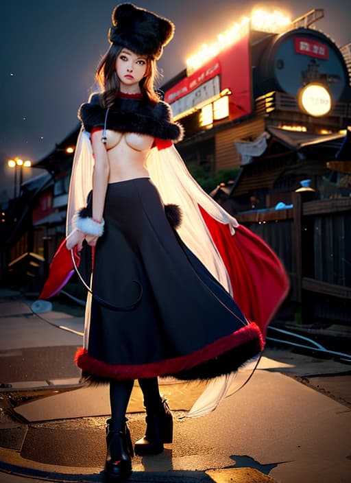  , cute , , E cup, , garter belt, station platform, fake fur hat, (Masterpiece, BestQuality:1.3), (ultra detailed:1.2), (hyperrealistic:1.3), (RAW photo:1.2),High detail RAW color photo, professional photograph, (Photorealistic:1.4), (realistic:1.4), ,professional lighting, (japanese), beautiful face, (realistic face)