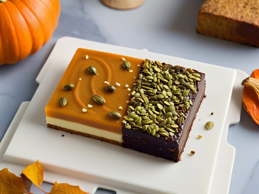  An ultradetailed image of a decadent dark chocolate and pumpkin seed energy bar, cut in half to reveal the layers of crunchy pumpkin seeds, gooey caramel, and rich dark chocolate, set against a sleek and modern marble backdrop. The lighting is soft, highlighting the textures and colors of the ingredients, creating a visually striking and mouthwatering composition that perfectly complements the theme of energizing desserts with pumpkin seeds. hyperrealistic, full body, detailed clothing, highly detailed, cinematic lighting, stunningly beautiful, intricate, sharp focus, f/1. 8, 85mm, (centered image composition), (professionally color graded), ((bright soft diffused light)), volumetric fog, trending on instagram, trending on tumblr, HDR 4K, 8K