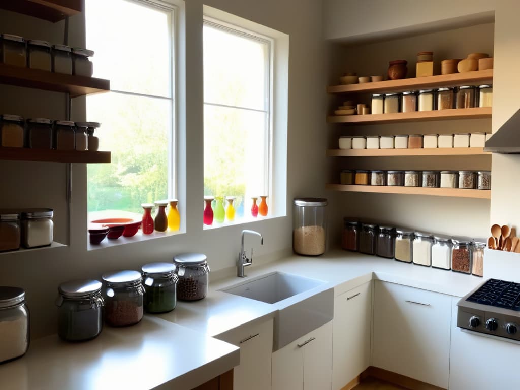  An ultradetailed, minimalist image of a sleek, modern kitchen with open shelves neatly organized with jars of colorful ingredients like flour, sugar, and spices. The sunlight streaming in through a large window highlights the textures and labels on each container, creating a visually appealing and organized space for cooking and baking. hyperrealistic, full body, detailed clothing, highly detailed, cinematic lighting, stunningly beautiful, intricate, sharp focus, f/1. 8, 85mm, (centered image composition), (professionally color graded), ((bright soft diffused light)), volumetric fog, trending on instagram, trending on tumblr, HDR 4K, 8K