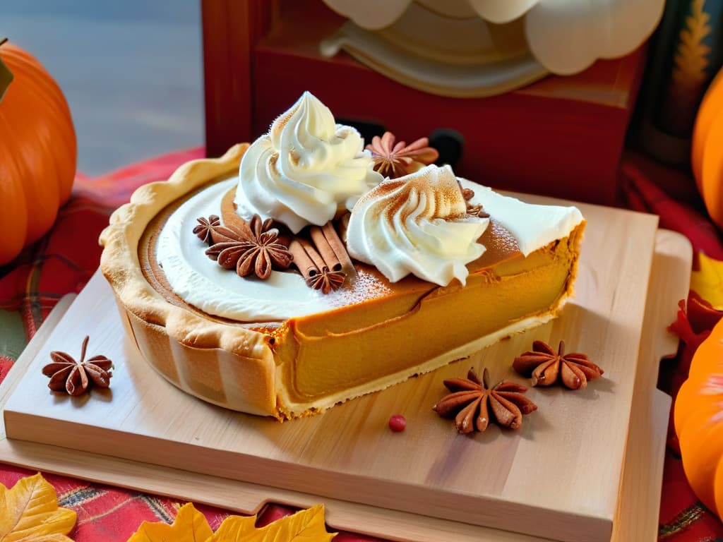  A minimalistic image of a perfectly sliced pumpkin pie with a dollop of whipped cream on top, placed on a rustic wooden table surrounded by autumn leaves and a sprinkle of cinnamon, creating a warm and inviting atmosphere that embodies the essence of Thanksgiving traditions. hyperrealistic, full body, detailed clothing, highly detailed, cinematic lighting, stunningly beautiful, intricate, sharp focus, f/1. 8, 85mm, (centered image composition), (professionally color graded), ((bright soft diffused light)), volumetric fog, trending on instagram, trending on tumblr, HDR 4K, 8K