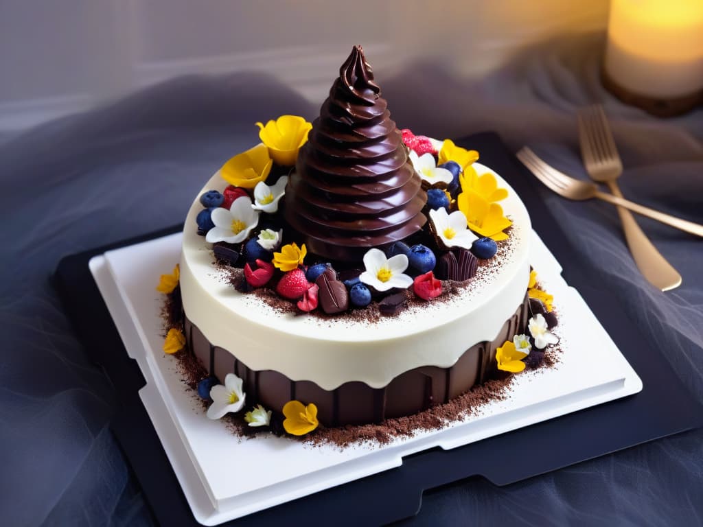  An ultradetailed 8k image showcasing a stunning 3D dessert creation made entirely out of intricately sculpted chocolate, resembling a miniature enchanted forest. The dessert features delicate chocolate trees, edible flowers, and tiny woodland creatures, all artfully arranged on a sleek, modern white plate. The lighting is soft, casting gentle shadows to highlight the exquisite details of the dessert, making it a feast for the eyes. hyperrealistic, full body, detailed clothing, highly detailed, cinematic lighting, stunningly beautiful, intricate, sharp focus, f/1. 8, 85mm, (centered image composition), (professionally color graded), ((bright soft diffused light)), volumetric fog, trending on instagram, trending on tumblr, HDR 4K, 8K