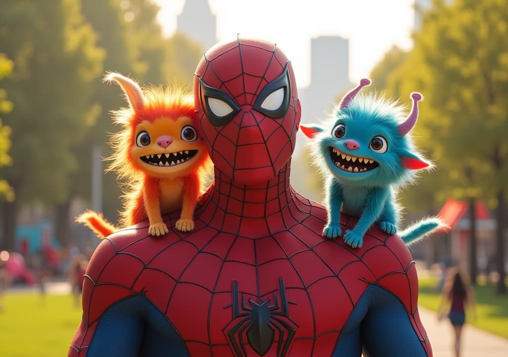  good quality, high quality, a version of spider man, around 1., stands heroically in the center of the image, surrounded by two tiny colorful monsters who are ly interacting with him. spider man is in his clic red and blue suit, his mask slightly tilted, part of his cheek. one monster is sitting on spider man's shoulder, grinning mischievously, while the other is hanging upside down from a spider web, swinging beside him. the background is a vint, colorful city park, with bright green trees, a playground, and the city skyline visible in the distance. the sunlight es the scene in a warm, golden glow, giving a joyful and adventurous atmosphere. spider man and the monsters are the focal poi