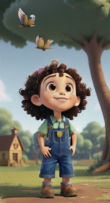  {Riley looking up at the tree with a big smile, animals surrounding them., Riley, a curious with big brown eyes and curly hair, wearing overalls and carrying a small backpack. Their friend, Skye, a bluebird with shiny feathers.