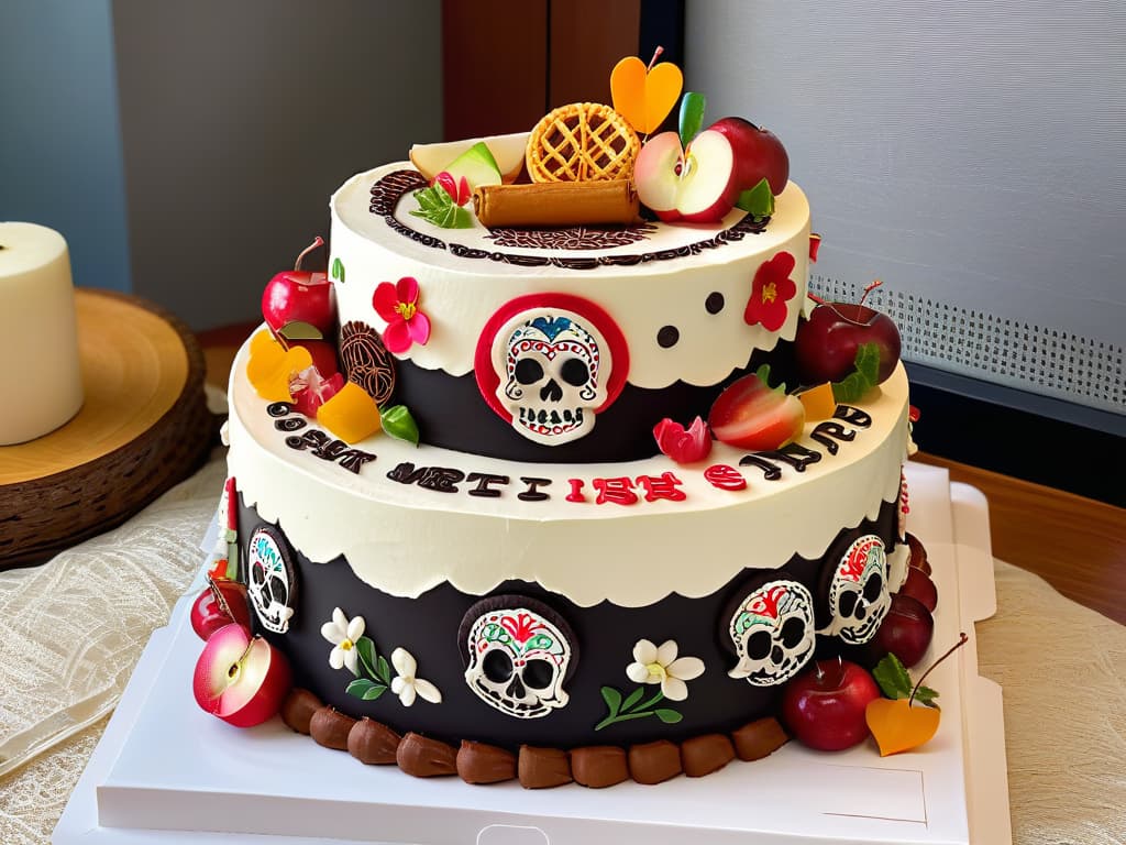  An ultradetailed image of a beautifully crafted cake displaying a seamless fusion of traditional American and immigrant cultural elements. The cake is adorned with intricate icing patterns that blend iconic symbols from various cultures, such as Mexican sugar skulls, Japanese cherry blossoms, Italian cannoli, and American apple pie. Each detail tells a story of migration and culinary evolution, symbolizing the rich tapestry of influences in American pastry. The color palette is muted yet elegant, with a focus on the precision and artistry of the design. hyperrealistic, full body, detailed clothing, highly detailed, cinematic lighting, stunningly beautiful, intricate, sharp focus, f/1. 8, 85mm, (centered image composition), (professionally color graded), ((bright soft diffused light)), volumetric fog, trending on instagram, trending on tumblr, HDR 4K, 8K