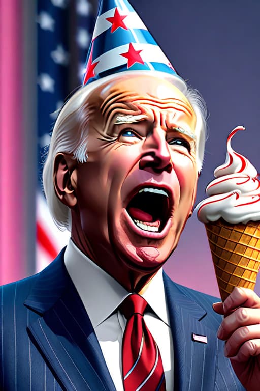  President joe biden of the united states, 8k photorealistic, retarded facial expression, wrinkled skin, with mouth open, with tongue sticking out, cinematic lighting, HD, high details, dramatic, trending on artstation, full body, head shot, wearing a dunce cap, licking an ice cream cone, film still, stunning photography. Funny, anatomically correct, hyper realistic, super detailed, 4k uhd image, canon eos r3 hyperrealistic, full body, detailed clothing, highly detailed, cinematic lighting, stunningly beautiful, intricate, sharp focus, f/1. 8, 85mm, (centered image composition), (professionally color graded), ((bright soft diffused light)), volumetric fog, trending on instagram, trending on tumblr, HDR 4K, 8K