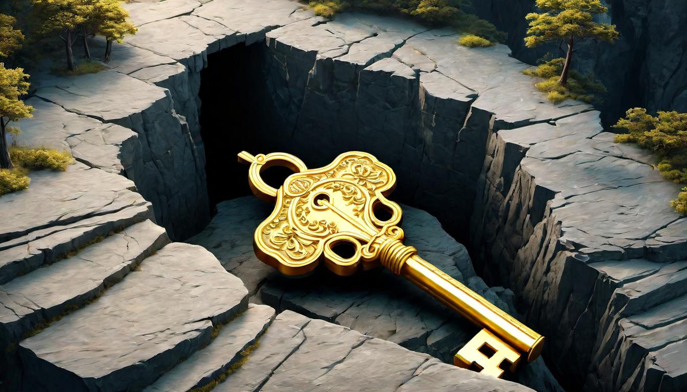  digital illustration, A golden key lying at the base of a challenging cliff, with a light shining upon it from above, symbolizing obstacles as opportunities for unlocking new potentials, inspiration, discovery, looking at viewer, dynamic pose, (intricate details, masterpiece, best quality)