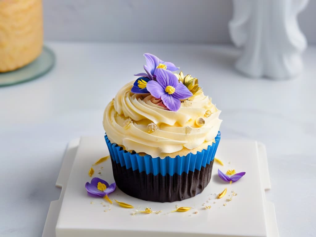  An ultradetailed closeup image of a perfectly frosted cupcake with intricate swirls of pastelcolored buttercream, topped with delicate edible flowers and shimmering gold leaf flakes, displayed on a sleek marble countertop under soft, natural lighting. hyperrealistic, full body, detailed clothing, highly detailed, cinematic lighting, stunningly beautiful, intricate, sharp focus, f/1. 8, 85mm, (centered image composition), (professionally color graded), ((bright soft diffused light)), volumetric fog, trending on instagram, trending on tumblr, HDR 4K, 8K