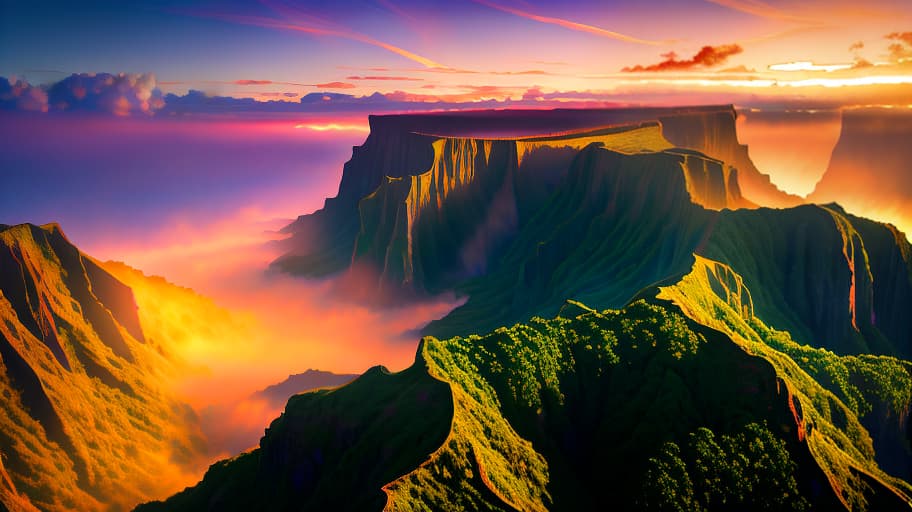  Hawaiian hight cliffs with rich green jungles in sunset. Water is flares and waves break up by cliffs, cumulus flares are highlighted by sunset light hyperrealistic, full body, detailed clothing, highly detailed, cinematic lighting, stunningly beautiful, intricate, sharp focus, f/1. 8, 85mm, (centered image composition), (professionally color graded), ((bright soft diffused light)), volumetric fog, trending on instagram, trending on tumblr, HDR 4K, 8K