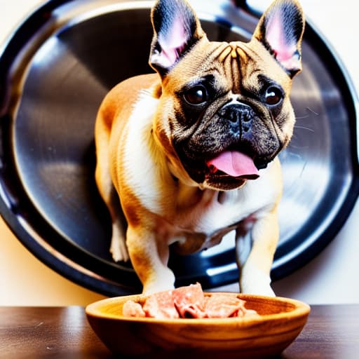  the dog stands in front of a bowl of meat. The dog is a French bulldog. The dog is happy