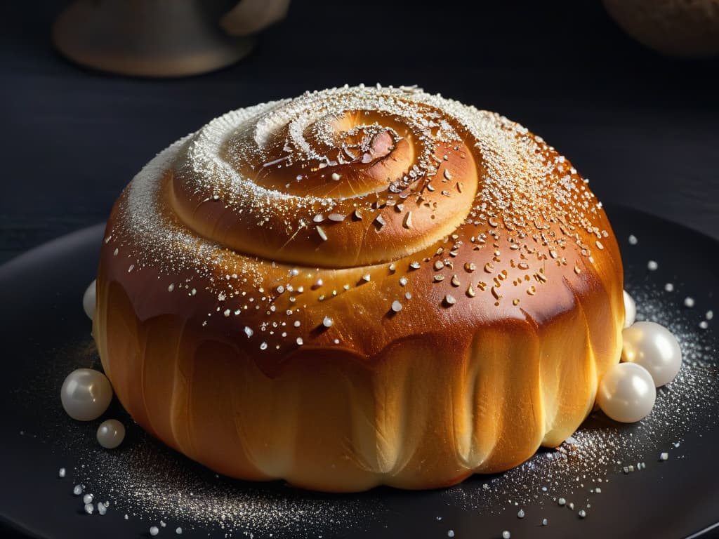  A closeup, highresolution image of a freshly baked brioche bun sprinkled with glistening sugar pearls, set on a sleek, matte black background. The focus is on the intricate texture of the golden crust and the way the sugar pearls delicately adhere to the surface, capturing the essence of indulgent sweetness and artisanal baking. hyperrealistic, full body, detailed clothing, highly detailed, cinematic lighting, stunningly beautiful, intricate, sharp focus, f/1. 8, 85mm, (centered image composition), (professionally color graded), ((bright soft diffused light)), volumetric fog, trending on instagram, trending on tumblr, HDR 4K, 8K