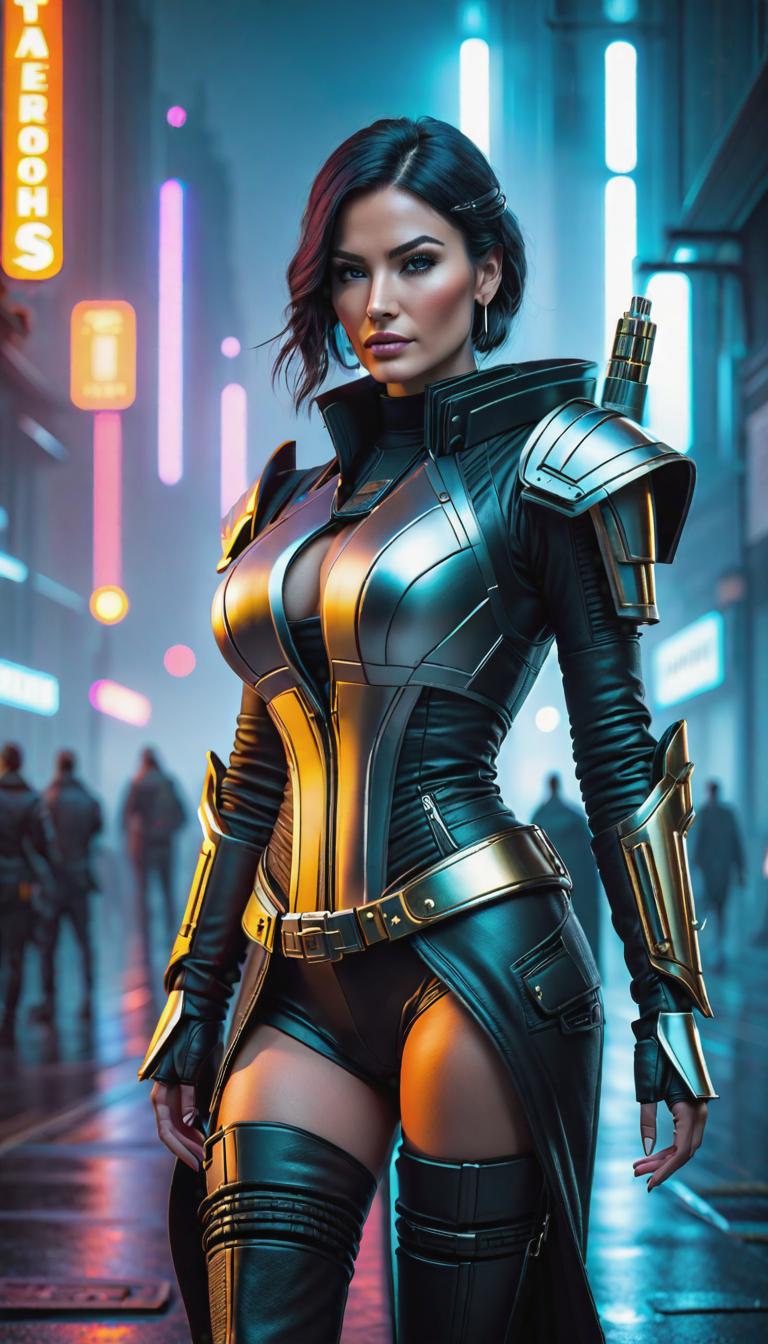  Cyberpunk style depiction of Name (Demi). The scene is set in a world where technology has advanced, but society and human conditions have not, creating a gritty, dystopian atmosphere. hyperrealistic, full body, detailed clothing, highly detailed, cinematic lighting, stunningly beautiful, intricate, sharp focus, f/1. 8, 85mm, (centered image composition), (professionally color graded), ((bright soft diffused light)), volumetric fog, trending on instagram, trending on tumblr, HDR 4K, 8K