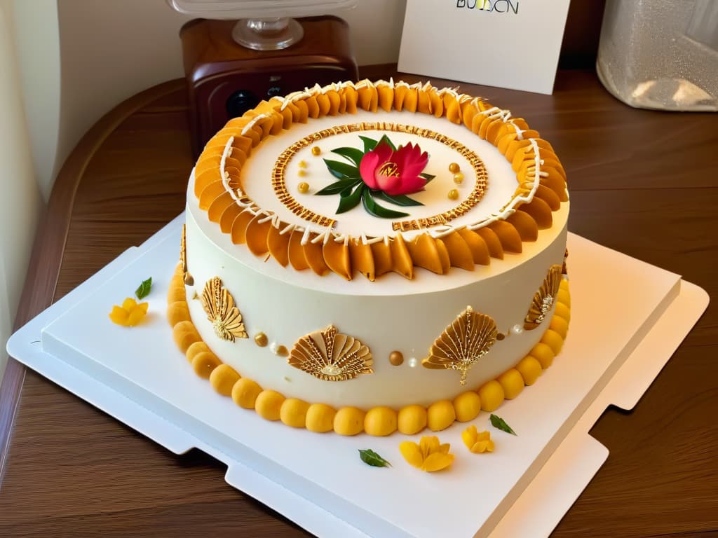  An image of a beautifully crafted cake featuring a fusion of cultural elements, such as intricate sugar decorations representing different cultures, delicately placed on a simple, elegant white platter. The cake itself is a masterpiece of culinary art, blending flavors and techniques from various traditions, showcasing the harmonious combination of diverse culinary heritages in a visually stunning and minimalist presentation. hyperrealistic, full body, detailed clothing, highly detailed, cinematic lighting, stunningly beautiful, intricate, sharp focus, f/1. 8, 85mm, (centered image composition), (professionally color graded), ((bright soft diffused light)), volumetric fog, trending on instagram, trending on tumblr, HDR 4K, 8K