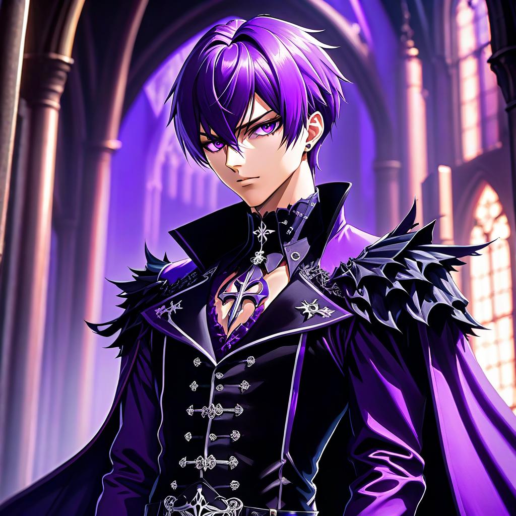  anime artwork A guy in a gothic purple outfit. . anime style, key visual, vibrant, studio anime, highly detailed hyperrealistic, full body, detailed clothing, highly detailed, cinematic lighting, stunningly beautiful, intricate, sharp focus, f/1. 8, 85mm, (centered image composition), (professionally color graded), ((bright soft diffused light)), volumetric fog, trending on instagram, trending on tumblr, HDR 4K, 8K