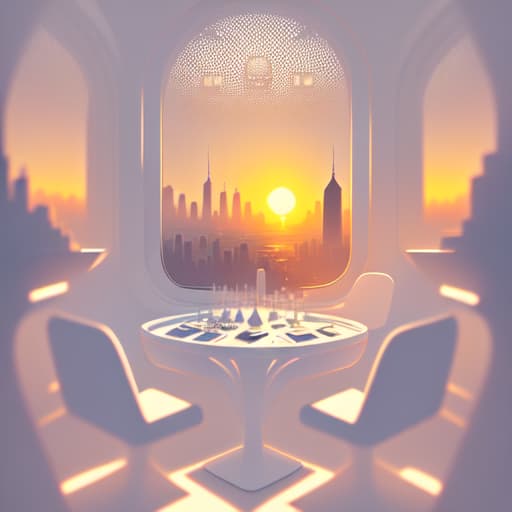 in OliDisco style Futuristic style. Deck of cards over white table. Sunset through a window with a city view. White and soft tones.