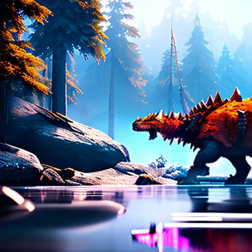 nvinkpunk epic movie poster of a stegosaurus on a frozen lake hyperrealistic, full body, detailed clothing, highly detailed, cinematic lighting, stunningly beautiful, intricate, sharp focus, f/1. 8, 85mm, (centered image composition), (professionally color graded), ((bright soft diffused light)), volumetric fog, trending on instagram, trending on tumblr, HDR 4K, 8K