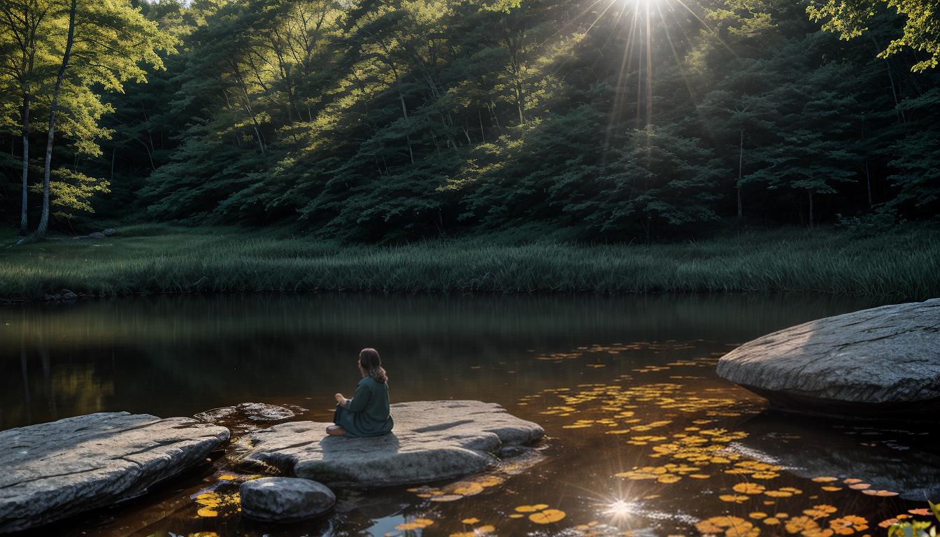  cinematic, aesthetic, A contemplative figure, seated alone on a rock by a pond, pond's surface calm with gentle ripples, dense forest surrounds with sunbeams filtering through leaves, serene, introspective, peaceful., 4k, HDR, lens flare