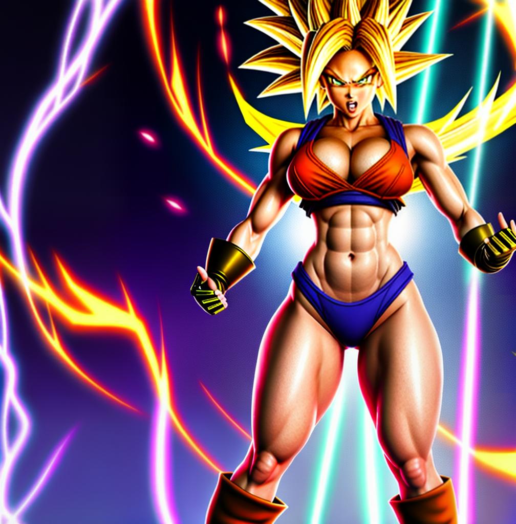  ((foto de cuerpo completo, pie plano, cuerpo recto)), ((laura {Super Super Saiyan mujer con grandes pechos})), ((lleva puesto son goku+Los disfraces de ella son extremadamente ajustados a su cuerpo.))