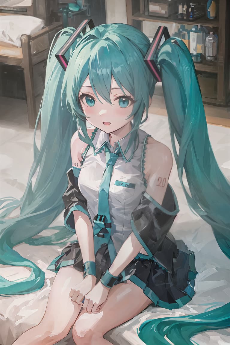  master piece , best quality,masterpiece,best quality,hatsune miku,very long hair,twintails,aqua hair,aqua eyes