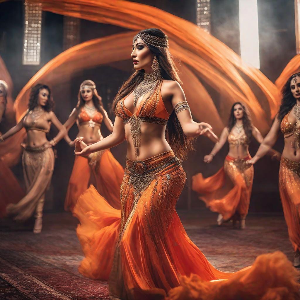  Belly dance beautiful five girls orange colors hyperrealistic, full body, detailed clothing, highly detailed, cinematic lighting, stunningly beautiful, intricate, sharp focus, f/1. 8, 85mm, (centered image composition), (professionally color graded), ((bright soft diffused light)), volumetric fog, trending on instagram, trending on tumblr, HDR 4K, 8K