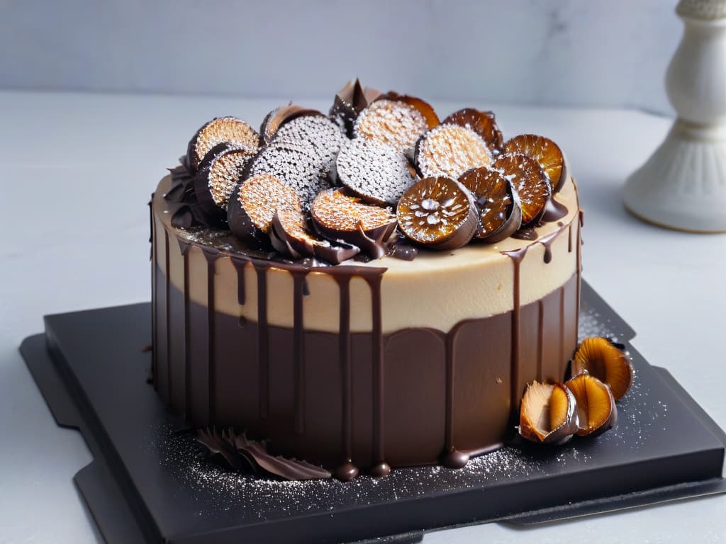  An ultradetailed closeup image of a freshly baked coconut oil and dark chocolate cake, still warm from the oven, with a decadent glaze of coconut oil ganache cascading down the sides, topped with a sprinkle of toasted coconut flakes. The cake sits on a sleek, matte black plate, set against a crisp white marble backdrop, capturing the rich textures and glossy finish of the dessert. The play of light highlights the moist crumb of the cake and the velvety sheen of the ganache, creating an indulgent and sophisticated visual feast. hyperrealistic, full body, detailed clothing, highly detailed, cinematic lighting, stunningly beautiful, intricate, sharp focus, f/1. 8, 85mm, (centered image composition), (professionally color graded), ((bright soft diffused light)), volumetric fog, trending on instagram, trending on tumblr, HDR 4K, 8K