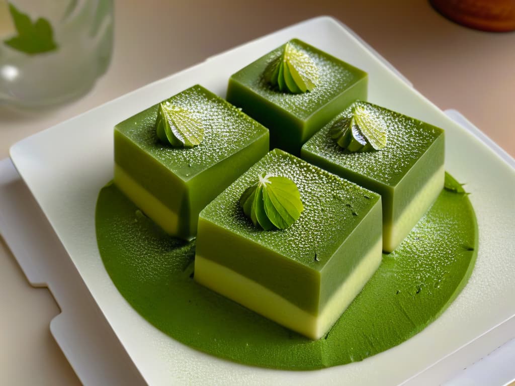  An intricate closeup photograph of a masterfully crafted mochi dessert, showcasing its smooth, glossy exterior dusted with a delicate sprinkle of vibrant matcha powder. The soft, chewy texture of the mochi is evident, with a subtle sheen reflecting the light, highlighting its meticulous preparation and artistic presentation. The image captures the essence of traditional Japanese culinary artistry, inviting the viewer to appreciate the beauty and craftsmanship involved in creating this ancient delicacy. hyperrealistic, full body, detailed clothing, highly detailed, cinematic lighting, stunningly beautiful, intricate, sharp focus, f/1. 8, 85mm, (centered image composition), (professionally color graded), ((bright soft diffused light)), volumetric fog, trending on instagram, trending on tumblr, HDR 4K, 8K