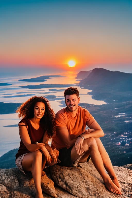 portrait+ style A couple sit on the top of a mountain looking out to the ocean the sun is setting casting a warm orange glow