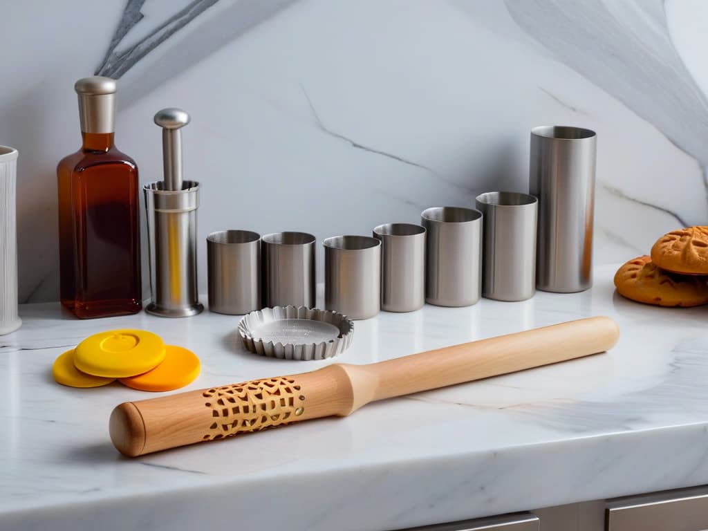  An ultradetailed image of a set of baking tools arranged neatly on a pristine white marble countertop. The tools include a rolling pin, measuring cups, pastry cutter, and assorted cookie cutters, each gleaming in the soft ambient light. The precision and orderliness of the display convey a sense of professionalism and attention to detail that aligns perfectly with the theme of zerowaste baking techniques. hyperrealistic, full body, detailed clothing, highly detailed, cinematic lighting, stunningly beautiful, intricate, sharp focus, f/1. 8, 85mm, (centered image composition), (professionally color graded), ((bright soft diffused light)), volumetric fog, trending on instagram, trending on tumblr, HDR 4K, 8K