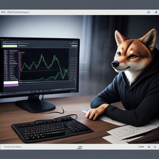  　A man wearing a Shiba Inu paper craft. He is wearing a black hoodie and sitting at his desk. He should have a computer in the background and an investment chart on the screen. Siéntese mirando hacia adelante. hyperrealistic, full body, detailed clothing, highly detailed, cinematic lighting, stunningly beautiful, intricate, sharp focus, f/1. 8, 85mm, (centered image composition), (professionally color graded), ((bright soft diffused light)), volumetric fog, trending on instagram, trending on tumblr, HDR 4K, 8K