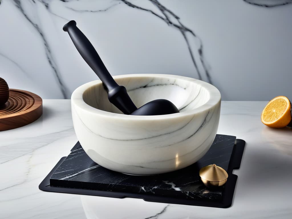  An ultradetailed image of a pristine white marble mortar and pestle set, elegantly displayed on a sleek black granite countertop. The mortar glistens under the soft ambient lighting, showcasing intricate veining patterns that denote its premium quality. The pestle, with a polished handle and a perfectly contoured grinding end, rests delicately next to the mortar, exuding a sense of craftsmanship and precision. The overall composition conveys a sense of sophistication and refinement, embodying the essence of artisanal culinary tools for enhancing sweet confections with the perfect touch of salt. hyperrealistic, full body, detailed clothing, highly detailed, cinematic lighting, stunningly beautiful, intricate, sharp focus, f/1. 8, 85mm, (centered image composition), (professionally color graded), ((bright soft diffused light)), volumetric fog, trending on instagram, trending on tumblr, HDR 4K, 8K