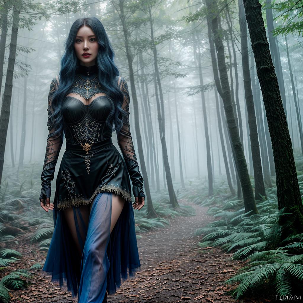  Girl with long black hair and blue eyes dancing in a mystical forest, detailed character design, realistic shading, 8k resolution, cinematic lighting, digital painting by Loish and Sakimichan, artstation, fantasy, enchanting atmosphere hyperrealistic, full body, detailed clothing, highly detailed, cinematic lighting, stunningly beautiful, intricate, sharp focus, f/1. 8, 85mm, (centered image composition), (professionally color graded), ((bright soft diffused light)), volumetric fog, trending on instagram, trending on tumblr, HDR 4K, 8K