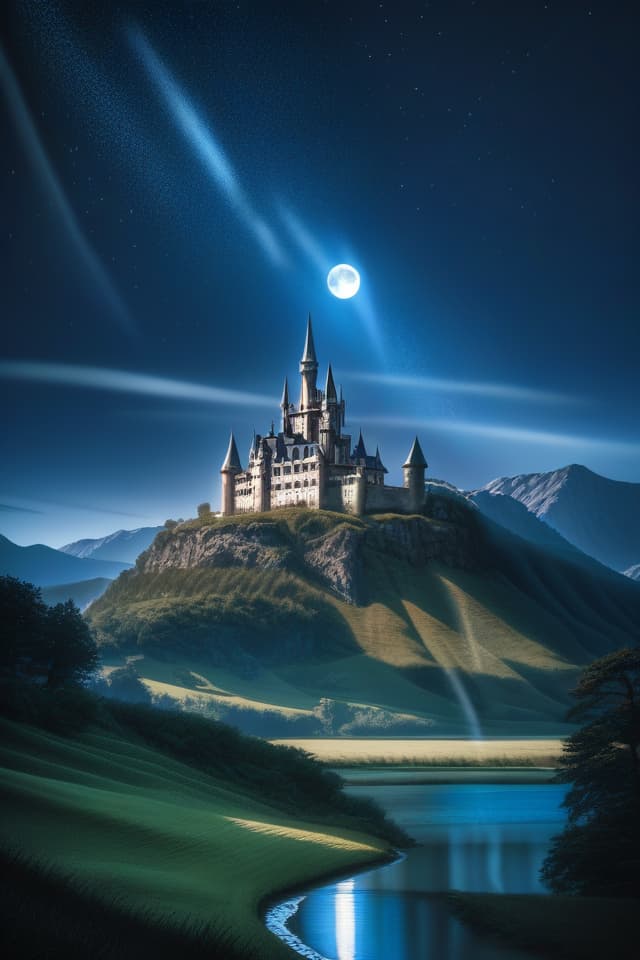  Fantasy, background, fantasy, castle, starry sky, moon and hill, grassland, 💩, 💩, hyperrealistic, full body, detailed clothing, highly detailed, cinematic lighting, stunningly beautiful, intricate, sharp focus, f/1. 8, 85mm, (centered image composition), (professionally color graded), ((bright soft diffused light)), volumetric fog, trending on instagram, trending on tumblr, HDR 4K, 8K