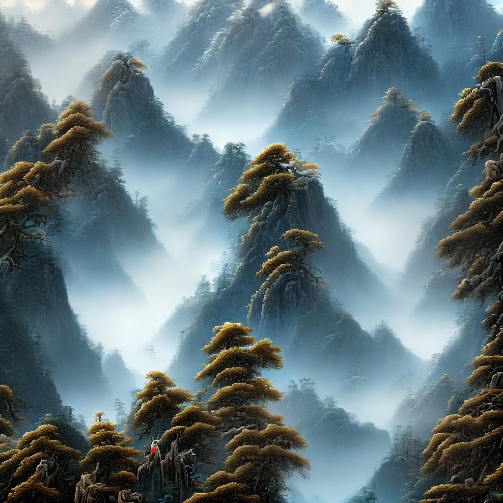  A beautiful masterpiece of Chinese painting, showcasing the best quality and ultra-detailed 8K resolution. This artwork features a serene scene with a majestic pine tree, a variety of birds soaring in the sky, and a range of mountains and water elements in the background. hyperrealistic, full body, detailed clothing, highly detailed, cinematic lighting, stunningly beautiful, intricate, sharp focus, f/1. 8, 85mm, (centered image composition), (professionally color graded), ((bright soft diffused light)), volumetric fog, trending on instagram, trending on tumblr, HDR 4K, 8K